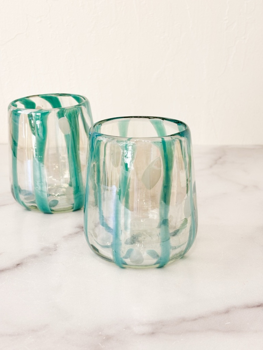 Anthropologie Teal-Striped Handblown Glass Tumblers (Set of 2)